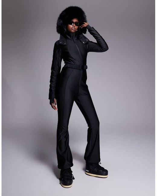 ASOS 4505 Ski & Snow Black Asos 4505 Ski Soft Shell Belted Ski Suit With Slim Kick Leg And Faux Fur Hood