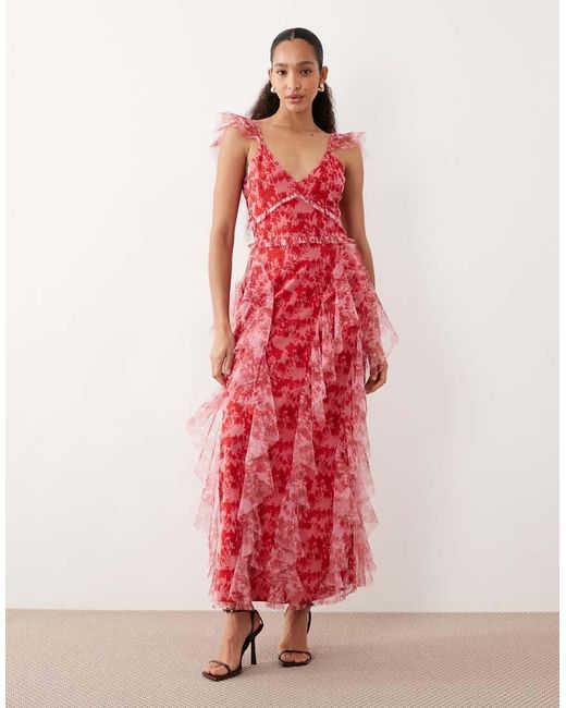 LACE & BEADS Red Tulle Ruffled Midaxi Dress