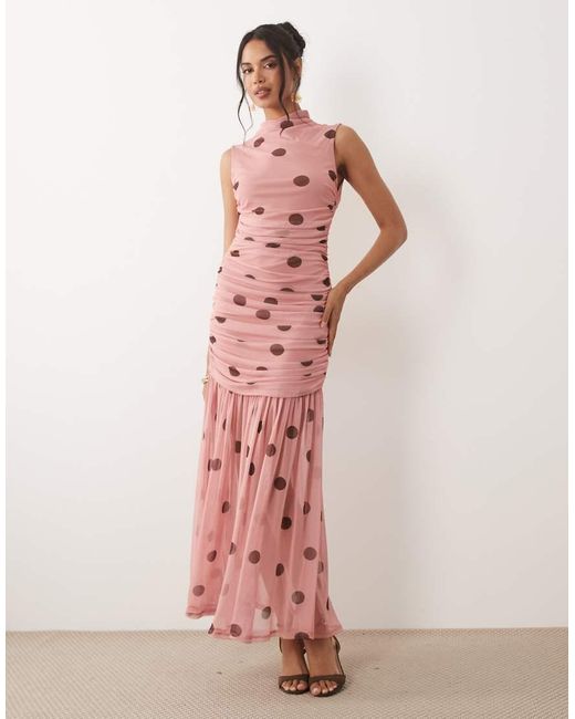 ASOS Pink Printed Polka Dot Ruched Drop Waist Circle Dress With Grown