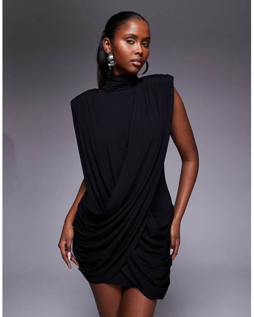 Ruched & Ready Blue Sculpting High Neck Padded Shoulder Detail Extreme Drape Front Mini Dress