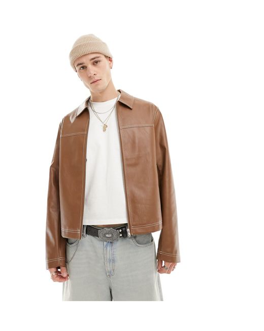 ASOS White Oversized Faux Leather Harrington Jacket for men