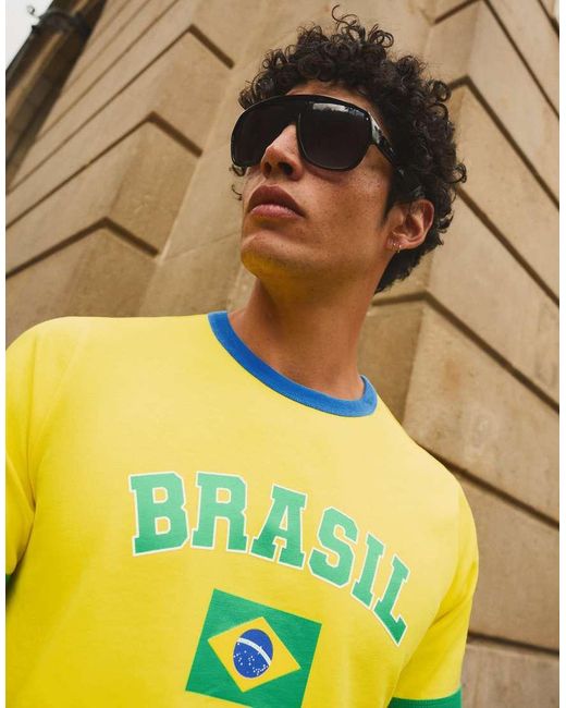 Bershka Yellow Slim Fit Brazil Print T-shirt for men