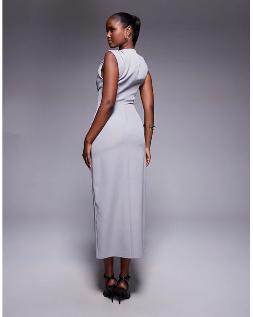 Kaiia Purple Exclusive Tailored Sleeveless High Neck Pocket Detail Split Front Maxi Dress