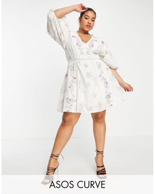 ASOS Curve Floral Embroidered Mini Dress With Lace Inserts in White