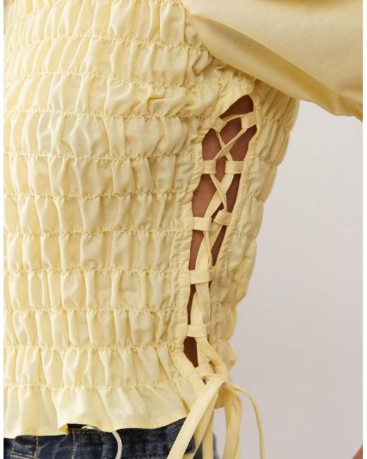 Collusion Natural Shirred Top With Lace Up Detail At Side