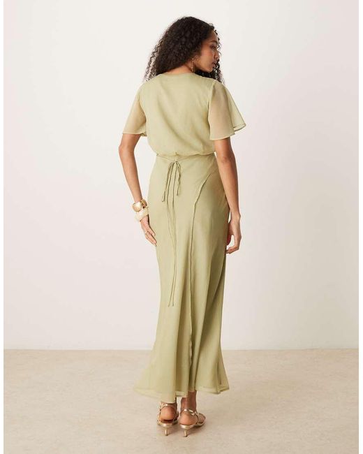 ASOS Natural Angel Sleeve Wrap Front Midi Dress With Seaming Details