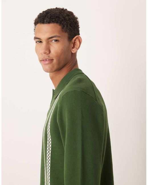 House Of Sunny Green Knitted Stripe Long Sleeve Rugby Shirt for men