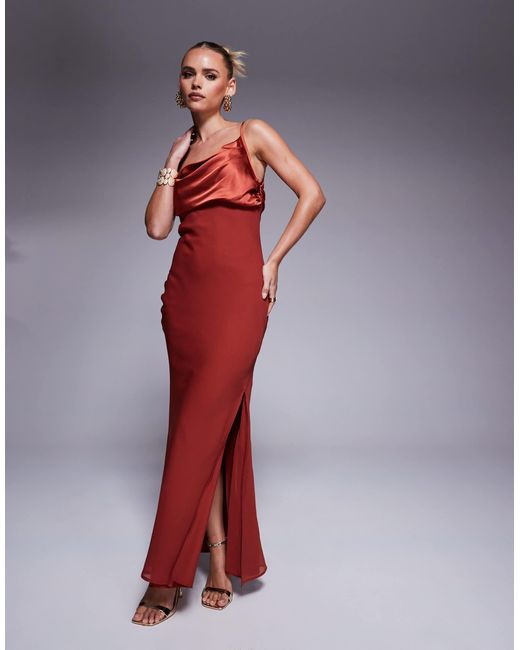 Asos design petite - robe longue et asymétrique en mousseline et satin drapé - brûlé ASOS en coloris Red