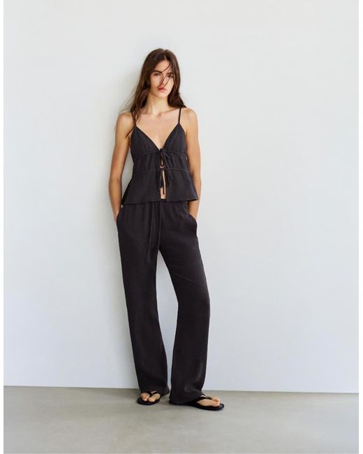 Pull&Bear Black Textured Flowing Trousers