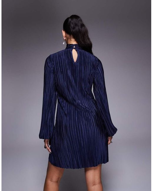 ASOS Blue Plisse V Front Choker Detail With Balloon Sleeve Mini Dress