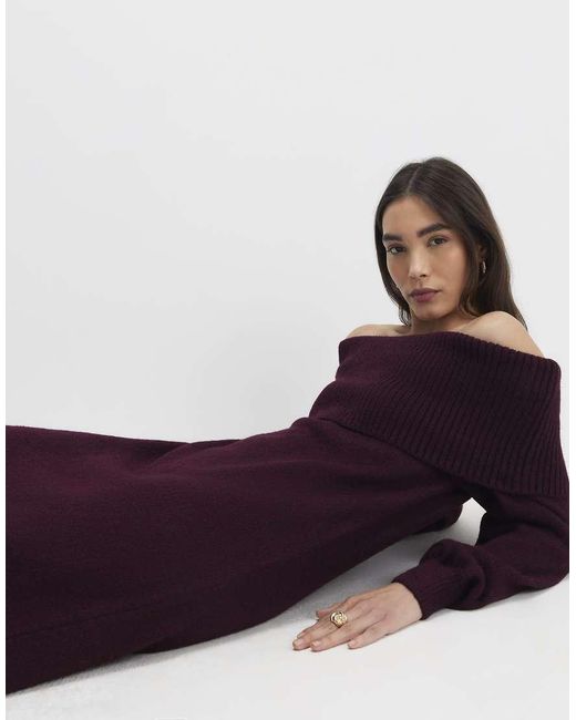 River Island Purple Knit Long Sleeve Bardot Midi Dress