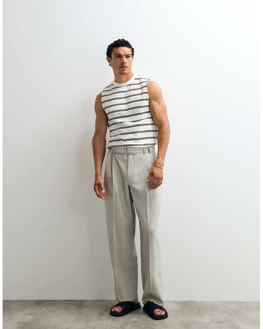 Topman White Wide Leg Belted Textured Pants for men