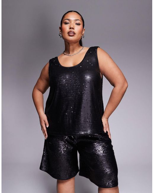 Curve - top d'ensemble ajusté sans manches à sequins - noir ASOS en coloris Black