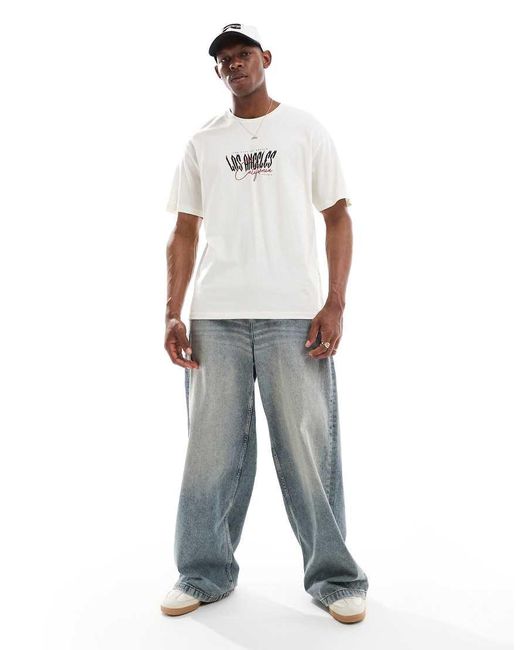 T-Shirt Oversize Color Panna Con Stampa Di Los Angeles di Jack & Jones in White da Uomo