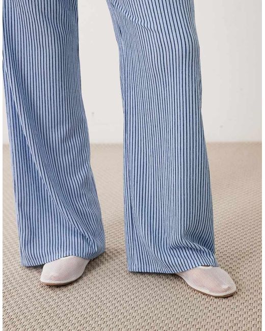 New Look Blue Crinkle Stripe Wide Leg Trousers