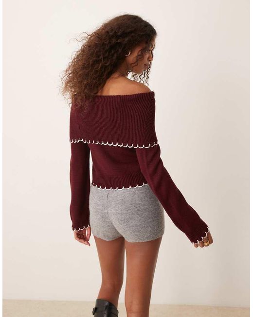 Miss Selfridge Gebreide Top Met Bardot Halslijn En Festonsteek in het Red