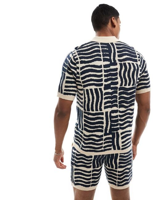 ASOS Blue Co-ord Knitted Short Sleeve Button Through Polo for men