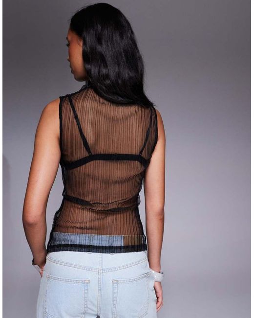 ASOS Black Sleeveless High Neck Sheer Plisse Top