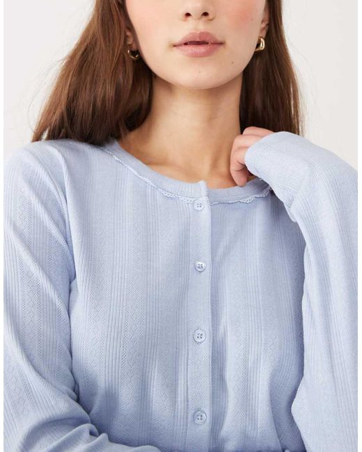 ASOS Blue Pointelle Nightwear Cardigan With Lace Trim