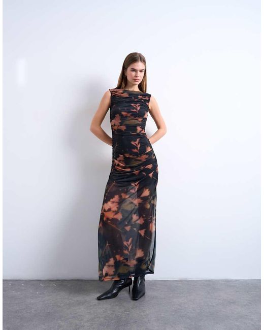 TOPSHOP White Mesh Floral Print Ruched Maxi Dress