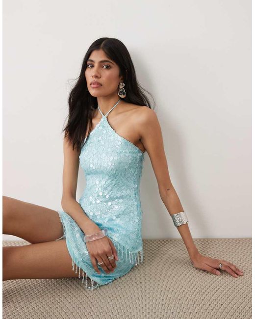 Motel Blue Arlela Sequin Asymetric Bead Hem Top