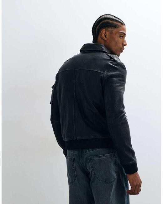 Barney's Originals Blue Veg-Tanned Real Leather Bomber Jacket for men