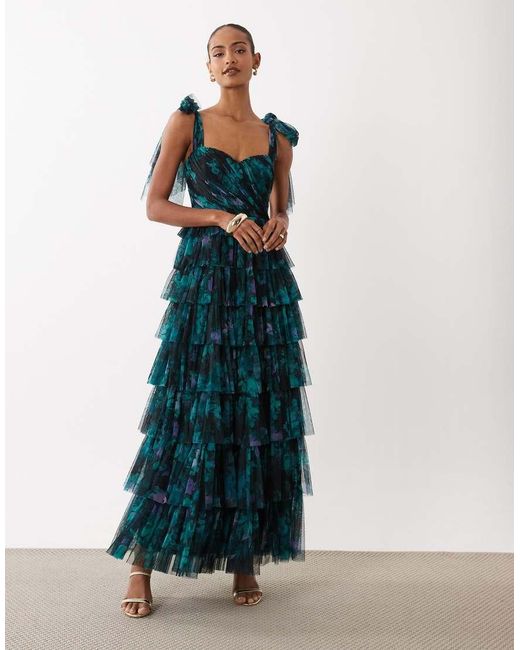 LACE & BEADS Blue Bridesmaid Bow Shoulders Tulle Maxi Dress