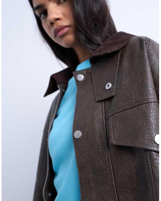 TOPSHOP Brown Faux Leather Cord Collar Jacket