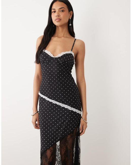 ASOS Black Polka Dot Print Mesh Midi Length Dress With Lace Panel Hem