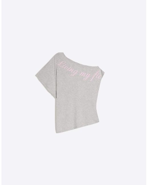 Bershka Gray Asymmetric Print Short Sleeve T-shirt