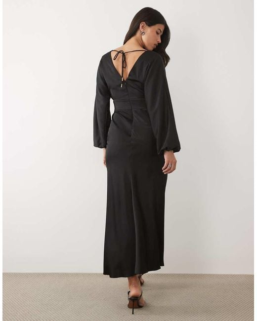 Forever New Black Satin V Neck Batwing Slit Front Maxi Dress