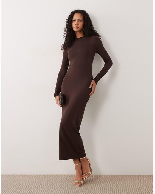 AFRM Brown Juniper Knit Crepe Mock Neck Long Sleeve Midi Dress