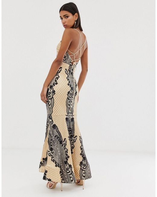 black lace embellished fishtail maxi dress