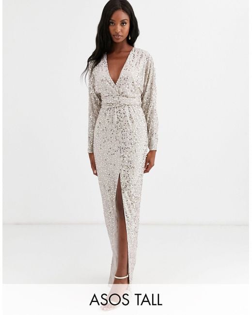 ASOS Asos Design Tall - Maxi-jurk Met Vleermuismouwen, Overslag En Lovertjes in het Gray