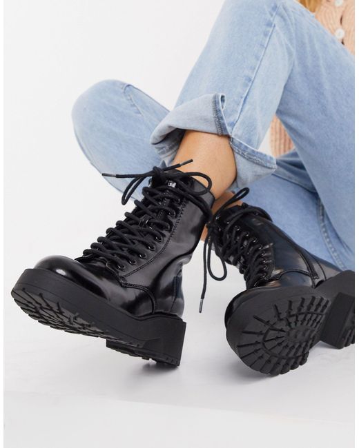Pull&Bear Black Lace Up Biker Boot With Chunky Sole