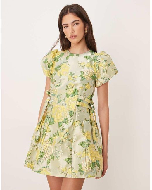Sister Jane Yellow Dream Sunspel Jacquard Puff Sleeve Tie Bow Side Mini Dress