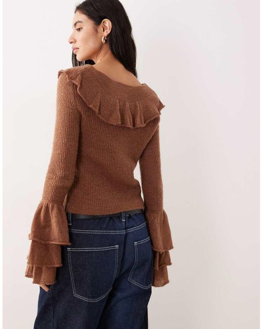 Glamorous Brown Ruffle Thin Knit Top