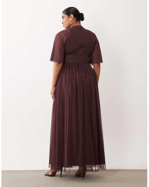 Lace & Beads Plus Red Tulle High Neck Flutter Sleeve Maxi Dress