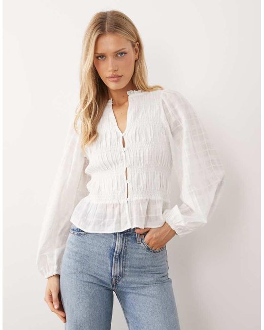 Gina Tricot White Shirred Smock Blouse