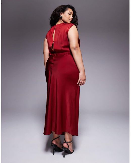 ASOS Red Asos Design Curve Satin High Neck Pleated Bodice Midi Dress
