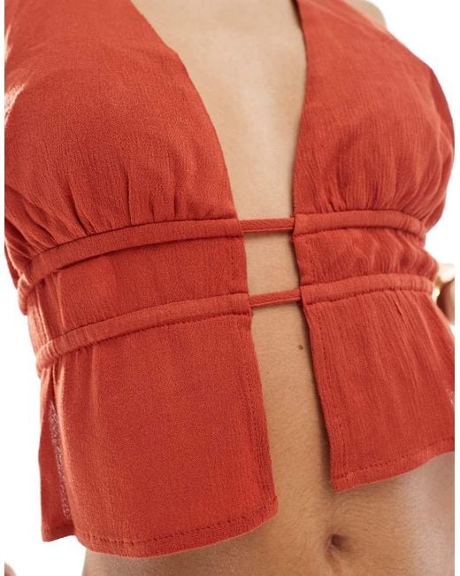 Kaiia Red Sleeveless Plunge Tie Back Top