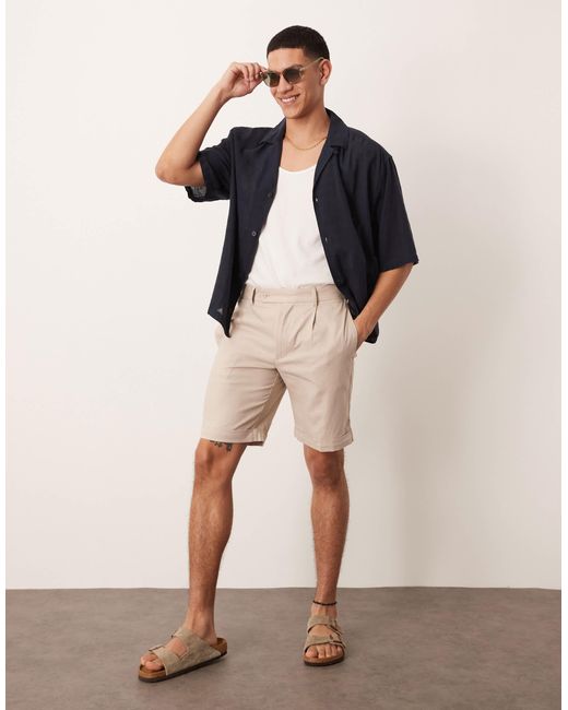ASOS Blue Smart Straight Linen Blend Chino Shorts With Front Pleat for men