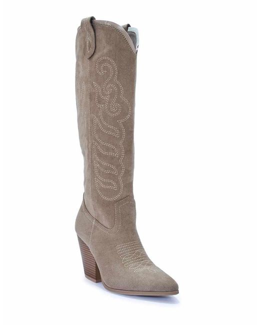 SEQWL Brown Knee High Western Cowboy Boots With Detailed Embroidery