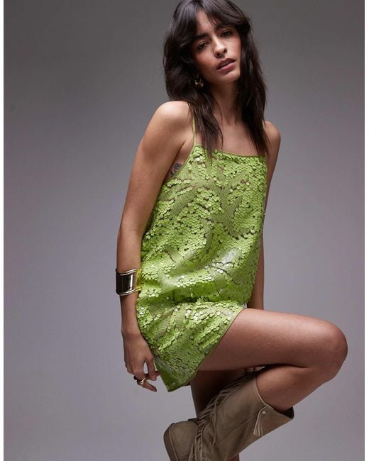 TOPSHOP Green Mixed Sequin Scoop Cami Mini Dress
