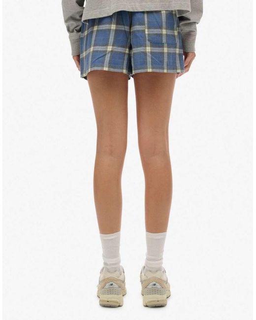 Superdry Blue Cotton Check Elastic Shorts