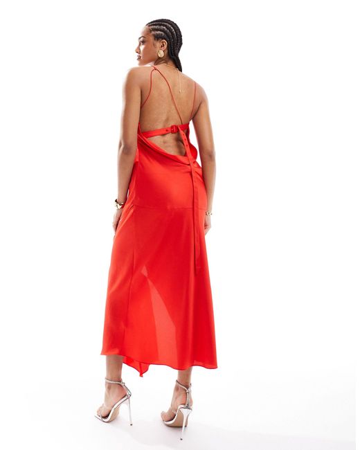 ASOS Red Cowl Neck Satin Midi Dress With Cut Outs And Buckle Detail