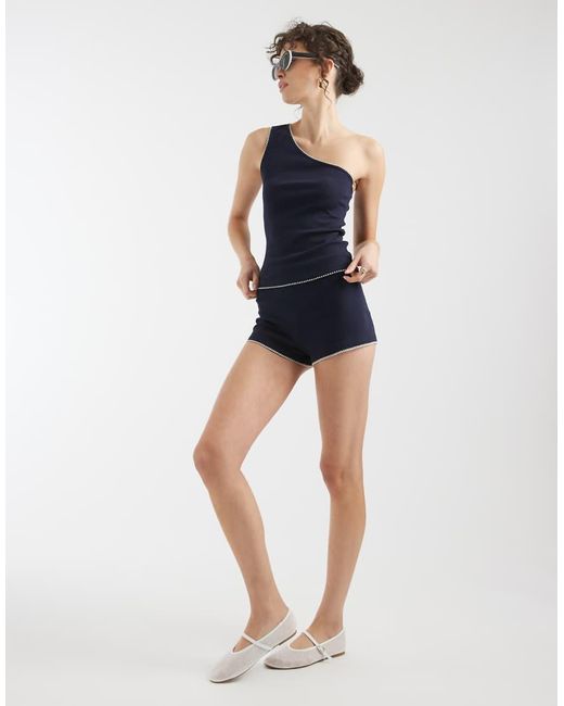 ASOS Blue Ribbed One Shoulder Vest With Blanket Stitch Detail