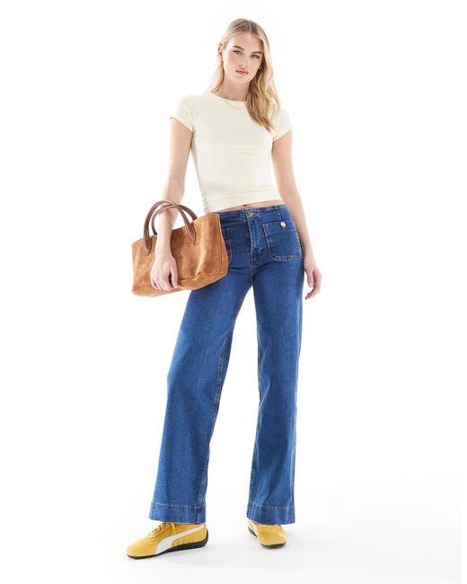 Stradivarius Blue Tall D77 Straight Leg Jean With Button Detail
