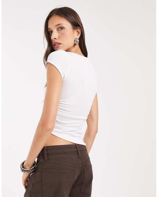 JJXX White Ruched Boatneck Top With Aysmmetic Hem