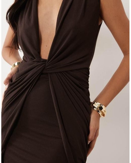 ASOS Natural Plunge Draped Mesh Mini Dress With Knot Detail